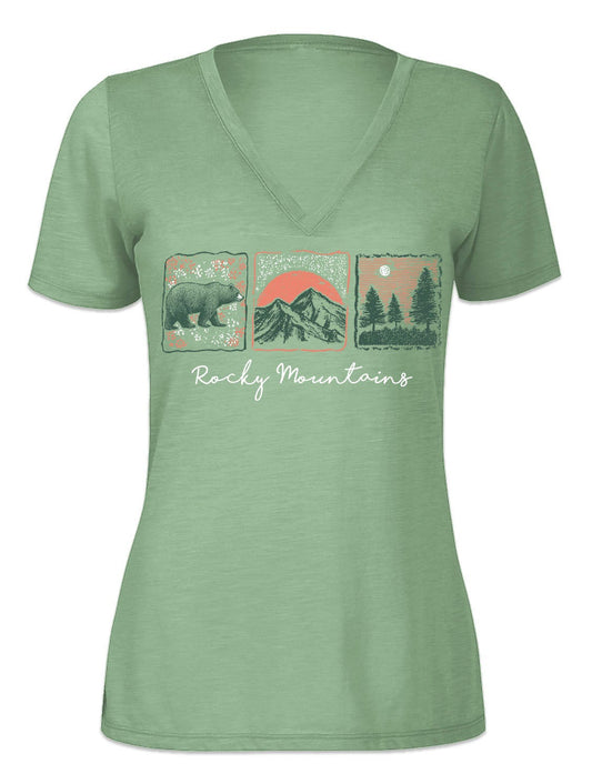 Green t-shirt with 'Rocky Mountains' design featuring a bear, mountain, and trees on a green background.