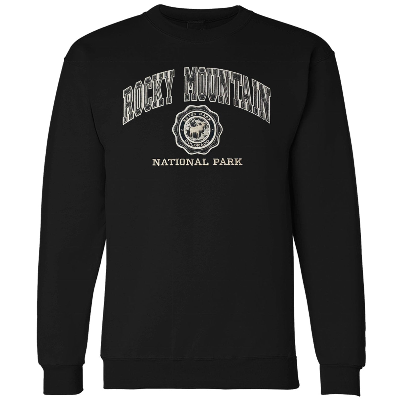 Black crewneck sweatshirt with a white arched 'ROCKY MOUNTAIN NATIONAL PARK' graphic and circular seal on the chest, shown on a white background with a black product preview panel above.