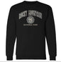 Black crewneck sweatshirt with a white arched 'ROCKY MOUNTAIN NATIONAL PARK' graphic and circular seal on the chest, shown on a white background with a black product preview panel above.