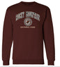 A maroon crewneck sweatshirt with a 'Rocky Mountain National Park' collegiate-style graphic on the chest, shown below a matching flat graphic print preview. The graphic features white and black lettering with a central seal containing a bison.