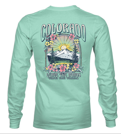 Mint green long-sleeve shirt with 'Colorado' graphic design on a light blue background