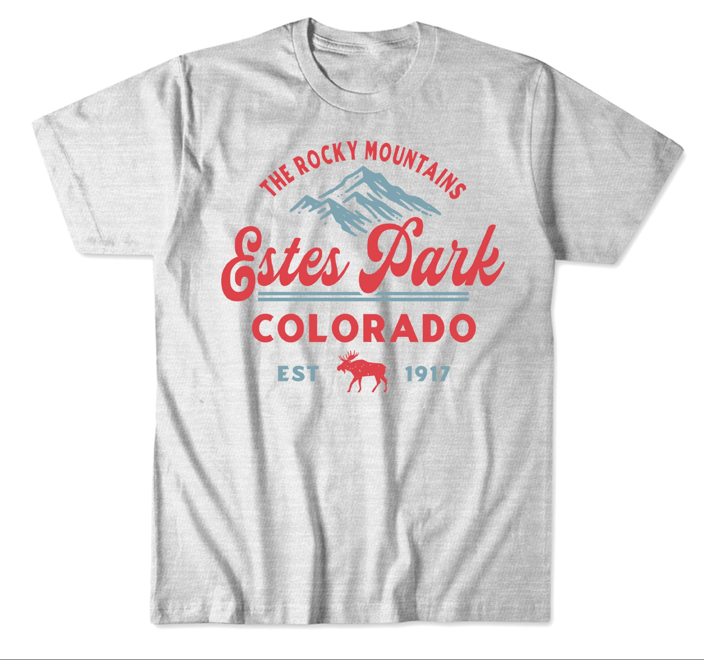 A light heather gray t-shirt featuring a red and blue graphic print that reads 'The Rocky Mountains Estes Park Colorado Est 1917' with a moose illustration. The image includes a top detail view of the graphic and a bottom view of the t-shirt on a white background.