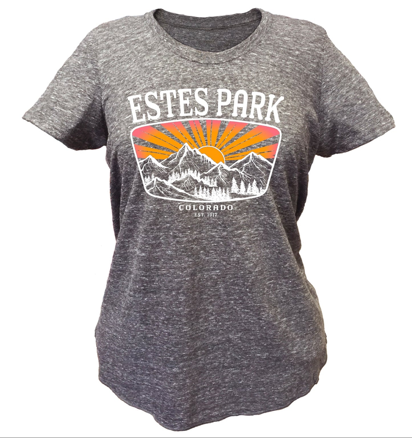 A heather gray short-sleeve graphic T-shirt shown on a white background, with a large chest print reading 'ESTES PARK' above a mountain and sunburst design, plus 'COLORADO EST. 1807' below.